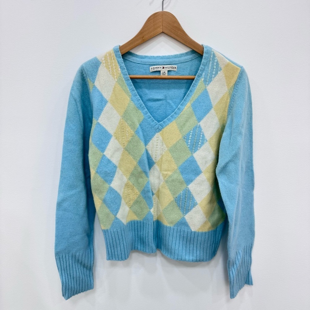 Vtg Y2K Tommy Hilfiger Argyle Sequin Sweater Sequins lambswool angora Large